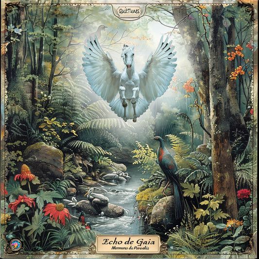 Un jaquette de CD avec Un paysage magnifique, magique et mystique avec beaucoup d'animaux dans la jungle, des cascades, des fleurs, des gens qui ressemblent à des anges, des rayons de soleil brillant à travers un arc-en-ciel orange dans leurs yeux, des oiseaux qui volent autour d'eux. L'image est très détaillée et hyper réaliste pour decrire le paysage sonore de cette musique pour arreter de fumer en musique .